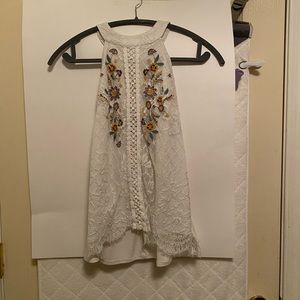 white/lace. flowers, high neck shirt